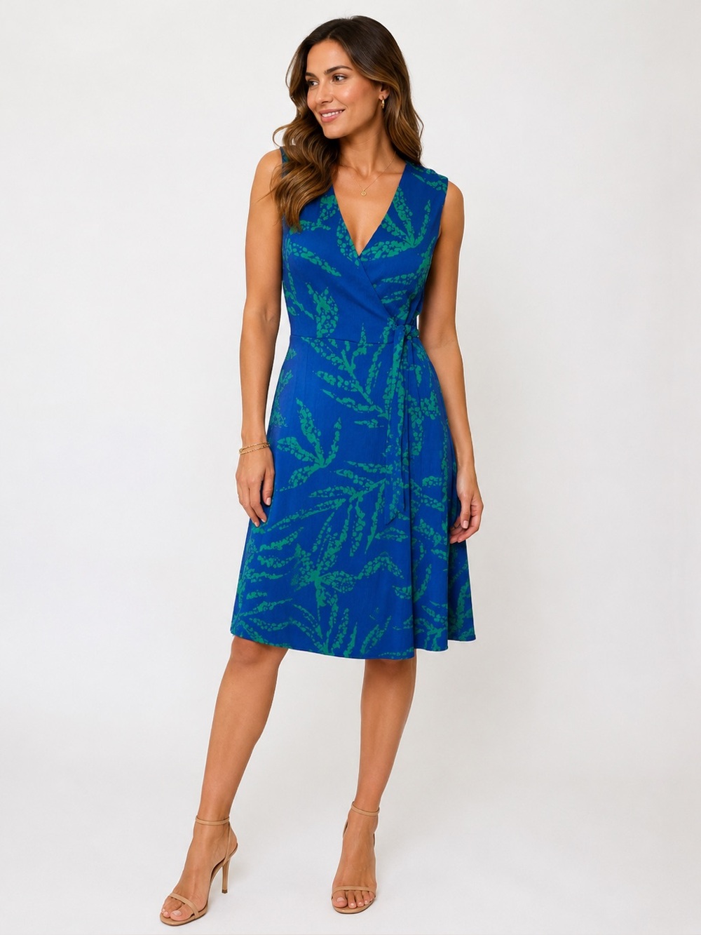 DKNY Blue and Green Sleeveless Wrap Midi Dress🆕